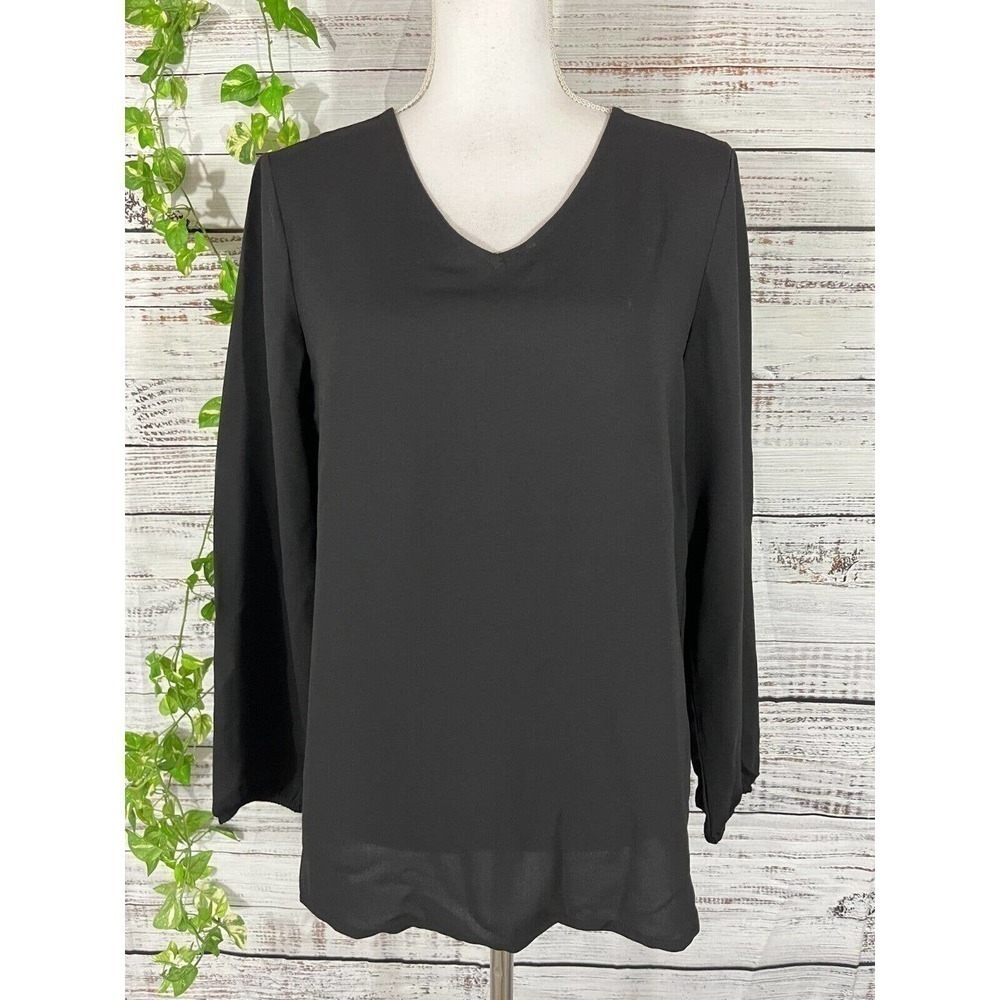 Nine West Tunic Blouse size Small Black Sheer Classic Career Church Modest Slim